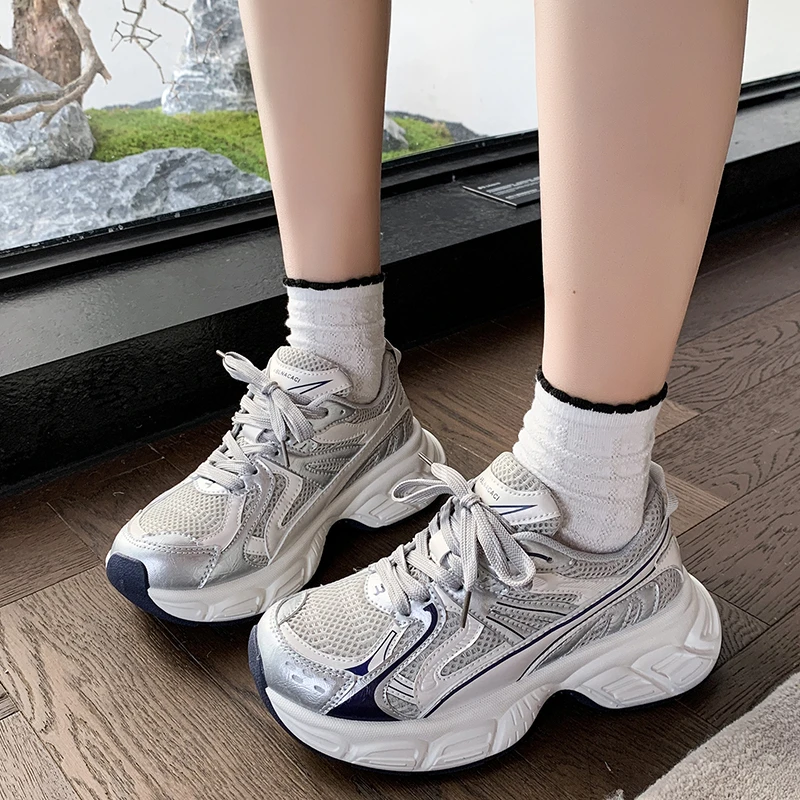 银色运动老爹鞋女2025春季新款小个子增高厚底女鞋百搭休闲鞋
