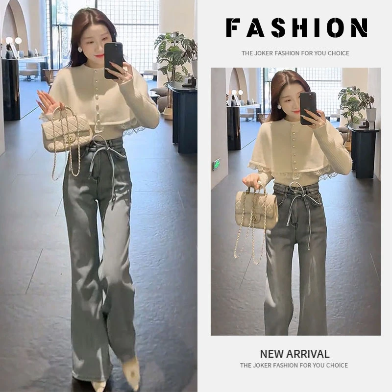 2024秋冬套装女新款洋气蕾丝花边斗篷披肩针织毛衣牛仔裤三件套潮