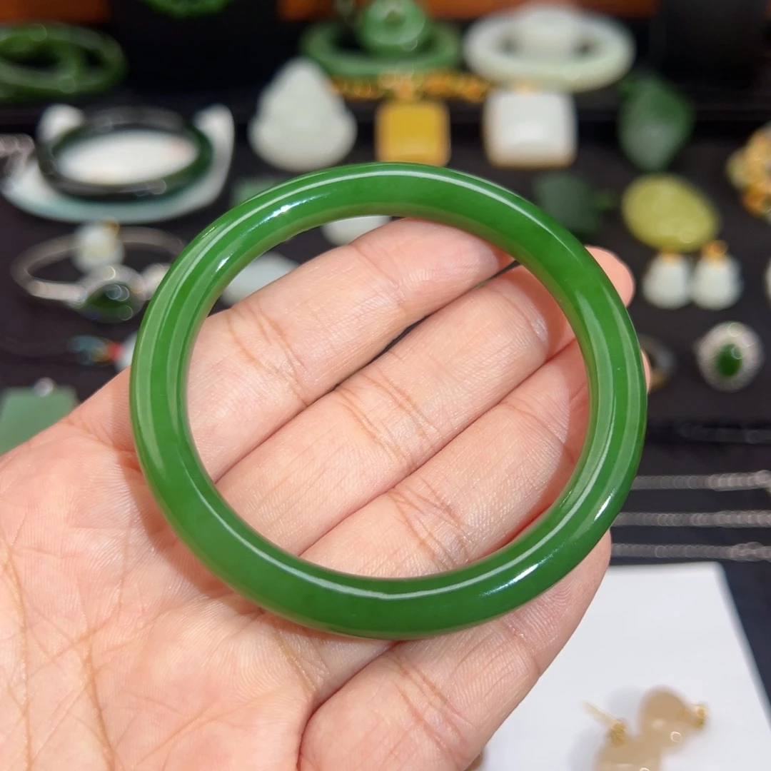 和田玉（碧玉）未镶嵌手镯阳绿满色美人跳手镯55圈口