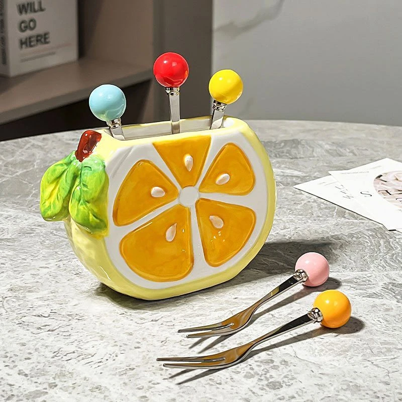 可爱水果叉签家用不锈钢轻奢高级感收纳罐套装小叉子柠檬装饰摆件