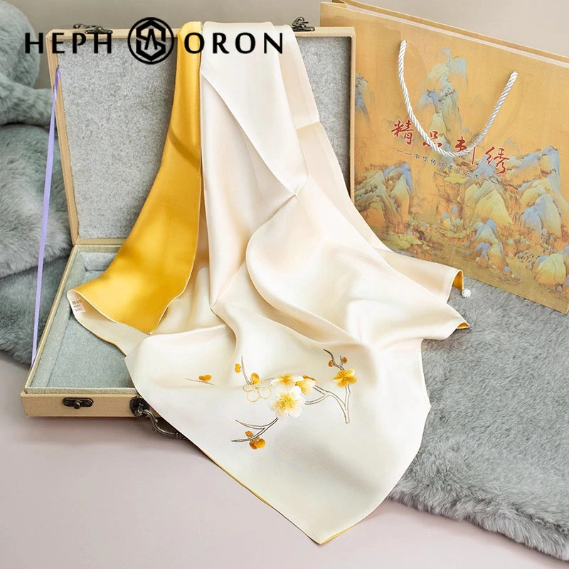 轻奢品牌中国风桑蚕丝丝巾女新款苏州刺绣真丝护颈方巾送礼礼盒装