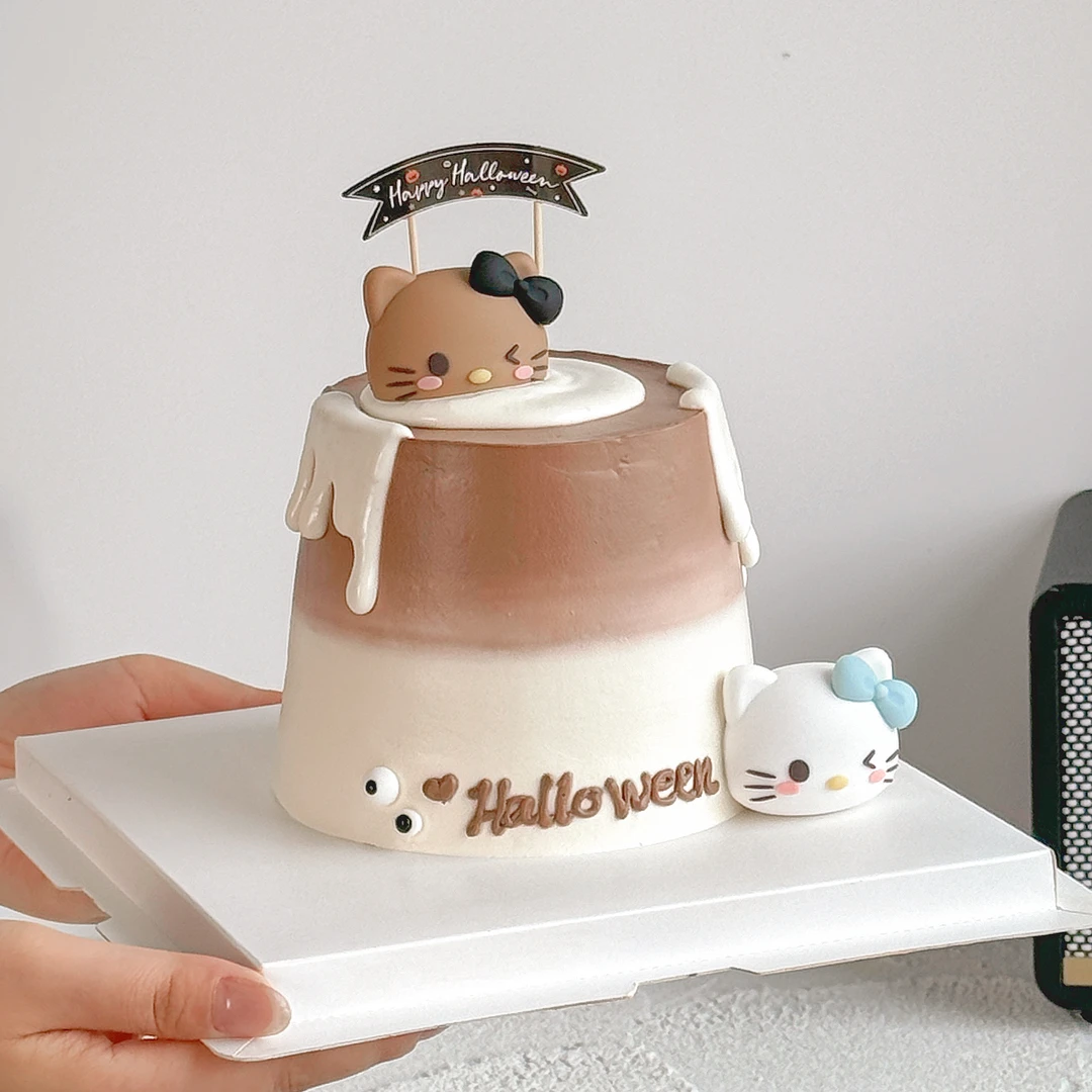 2025万圣节卡通kt猫蛋糕装饰摆件万圣节快乐拱门小旗节日甜品插件