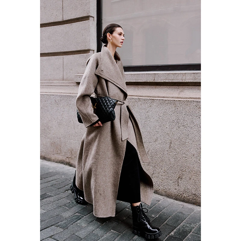 Luna7xi 100羊毛双面呢大衣廓形毛呢外套不对称门襟系带收腰外衣