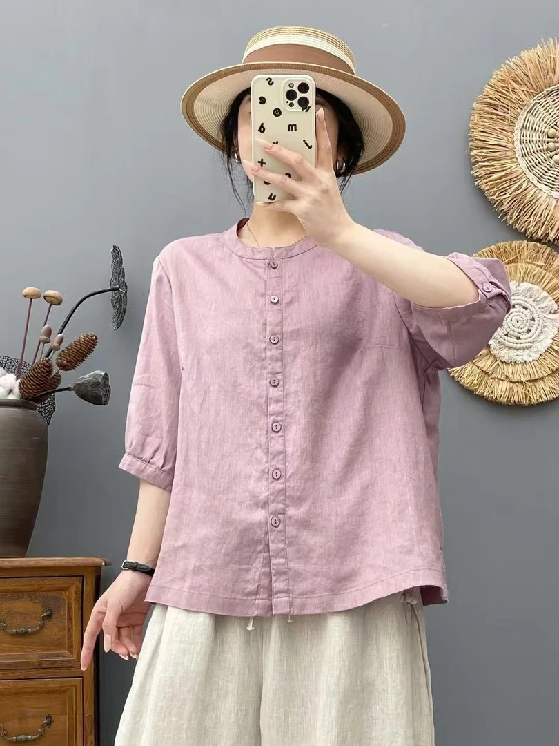 亚麻夏季新款衬衫新中式百搭时尚减龄圆领小衫女圆领宽松上衣