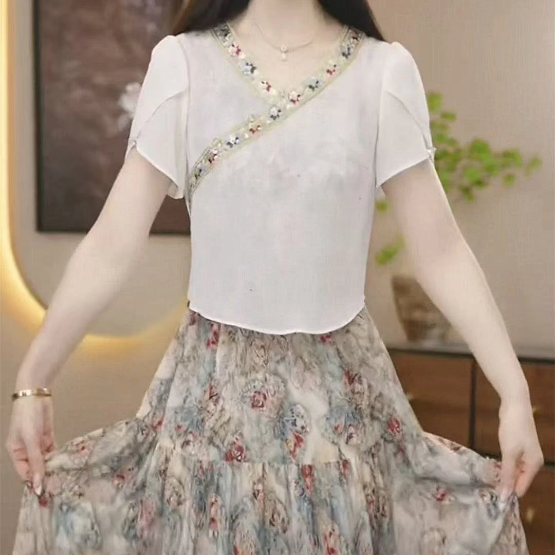 5301#小香风洋气两件套女2025夏季显瘦遮肉上衣吊带连衣裙套装
