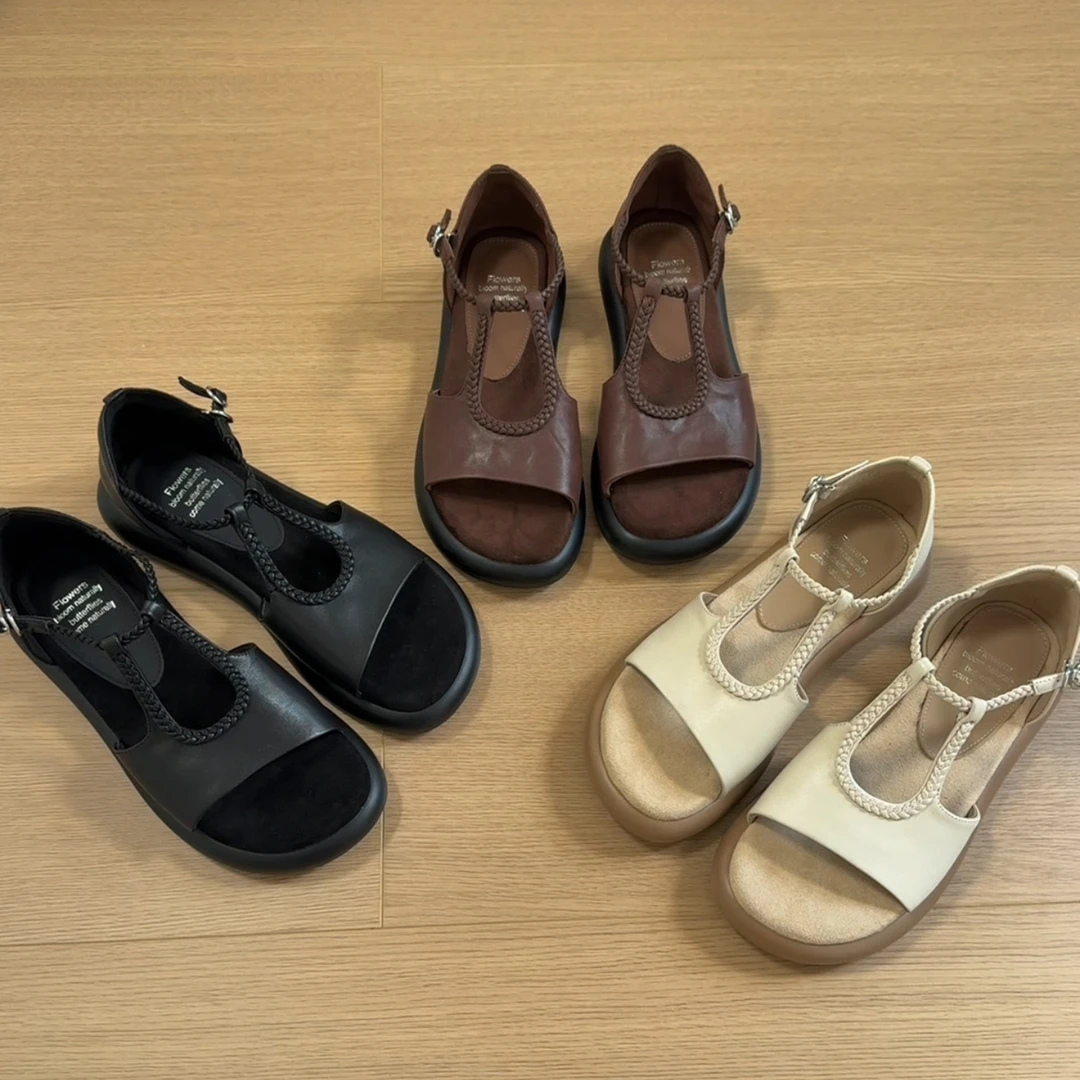 小众设计~真皮圆头编织露趾凉鞋女夏厚底一字带凉鞋