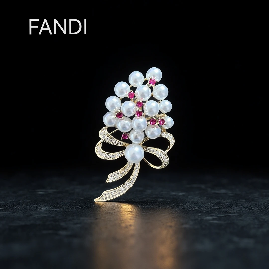 铜合金仿珍珠胸针 时尚精致红色胸针饰品百搭高级胸花高档轻奢