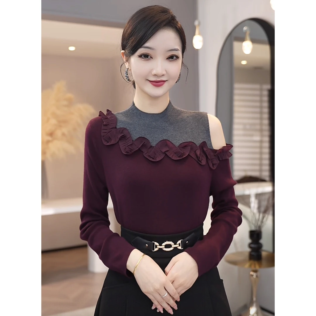 2025秋冬新款【JR-23】含绵羊毛别致小众拼接设计感拼色镂空针织衫