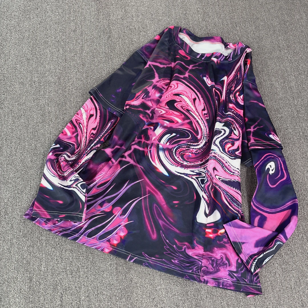 W0239潮牌时尚小众宽松假两件弹力贡棉慵懒风印花衫