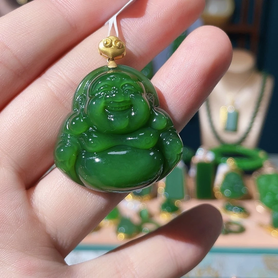 和田玉（碧玉）吊坠18K金镶嵌