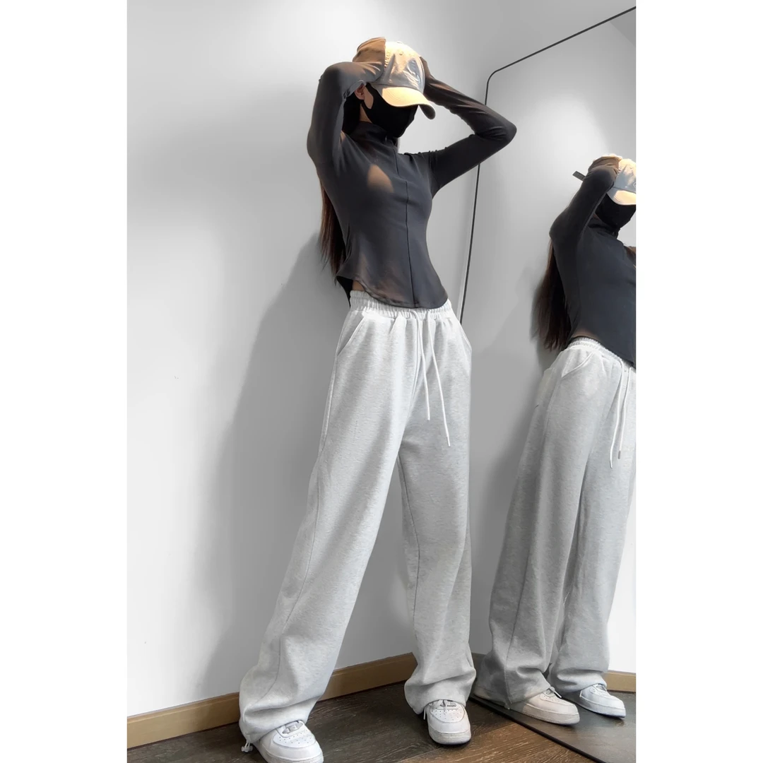 【夏春茶】欧美风运动裤女秋冬阔腿宽松显瘦休闲卫裤束脚裤阔腿裤