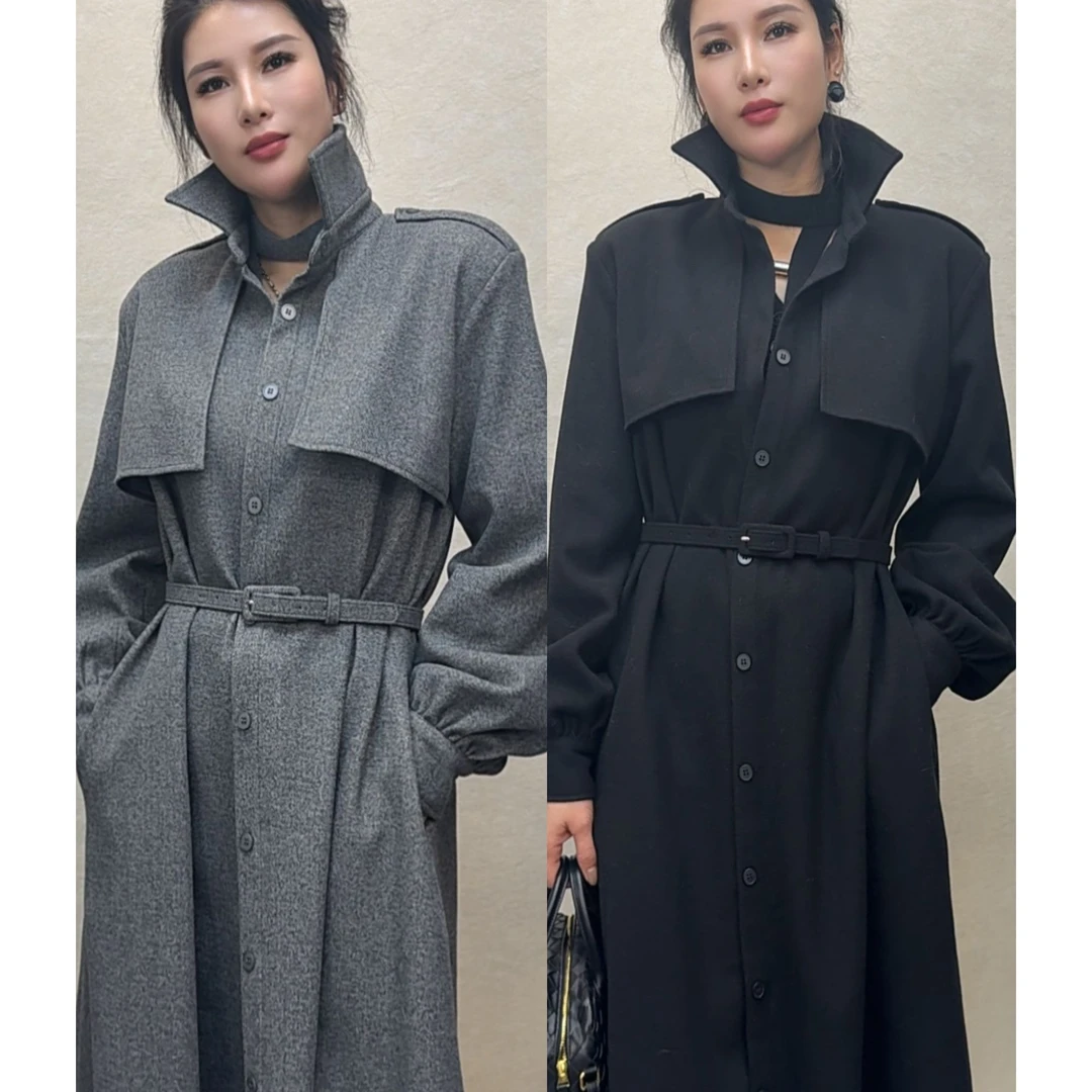 长裙衬衫裙高腰立领连衣裙复古宽松秋冬翻领