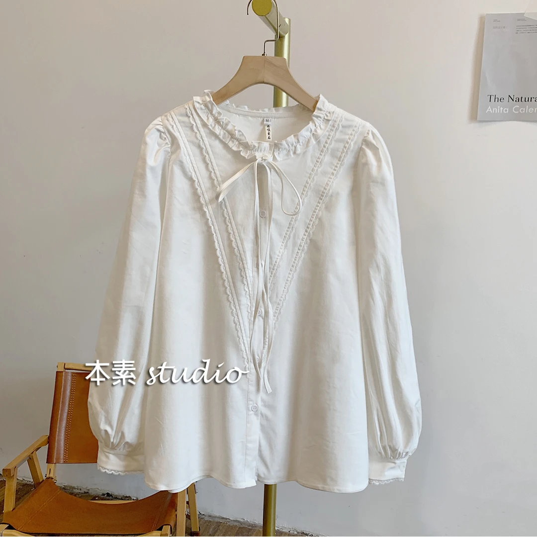 C3343蕾丝边全开扣系带木耳边圆领衬衫
