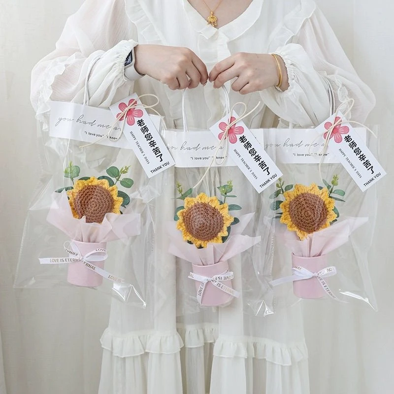 仿真花向日葵毛线花小圆桶手工编织成品花束教师节感谢师恩送老师