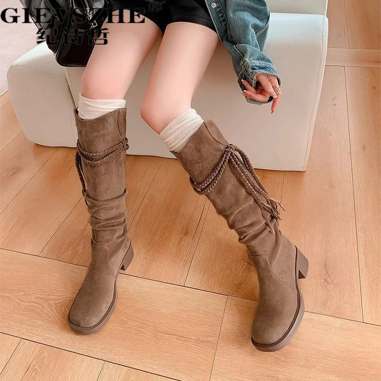 纪诗哲西部粗跟版复古废土风流苏骑士靴牛皮长筒靴显瘦高筒靴女