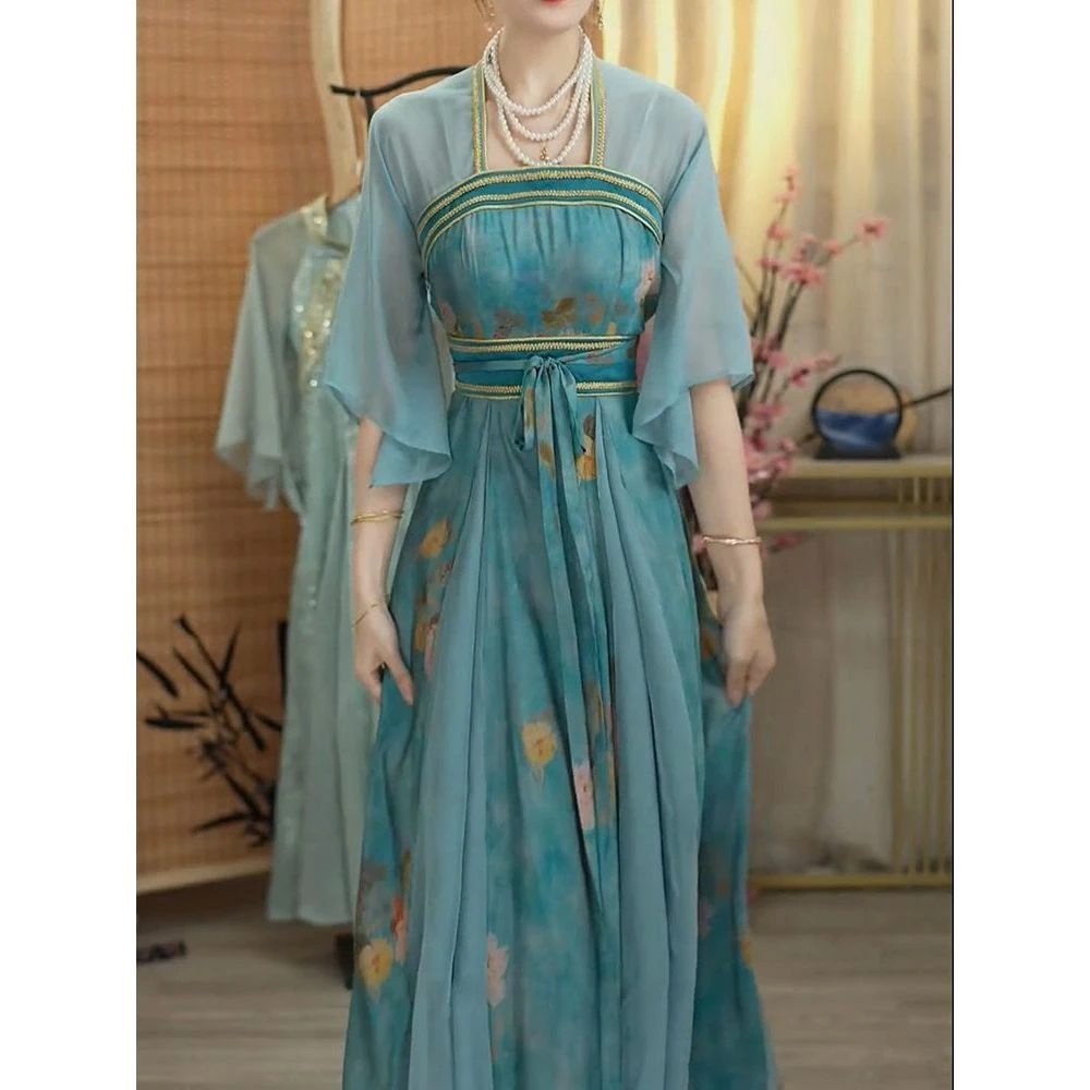 古风仙气别致收腰连衣裙2025夏新款简约通勤日常旗袍长裙大码女装