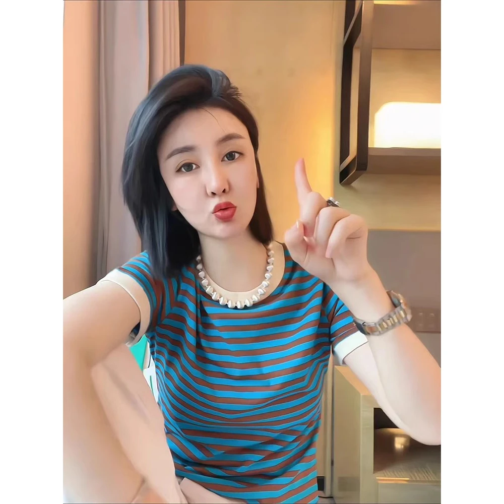 欧货正肩条纹短袖t恤女2025夏季新款爆款洋气高端别致显瘦上衣潮