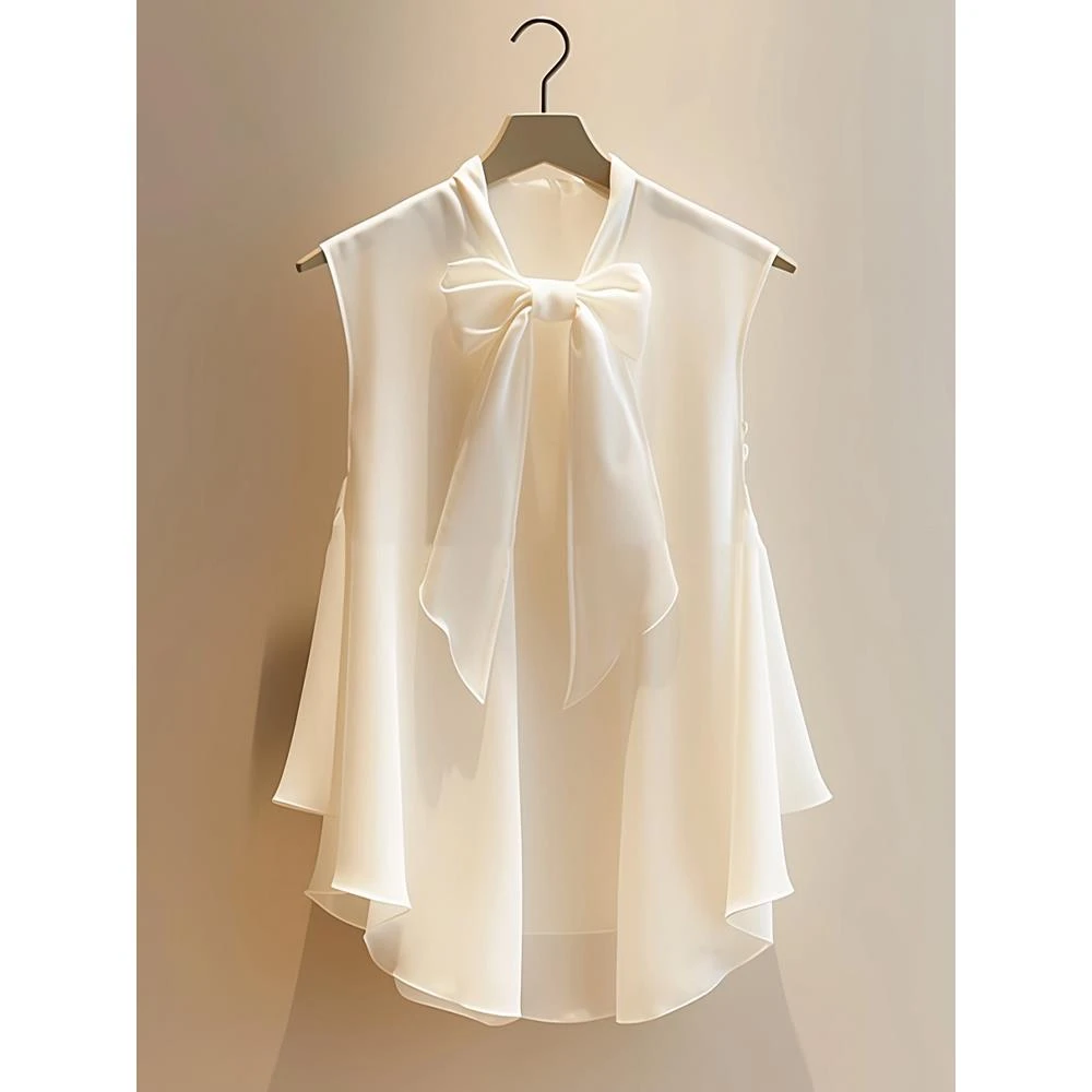 今年流行漂亮小上衣法式独特漂亮白色无袖雪纺衬衫2025新款女夏季