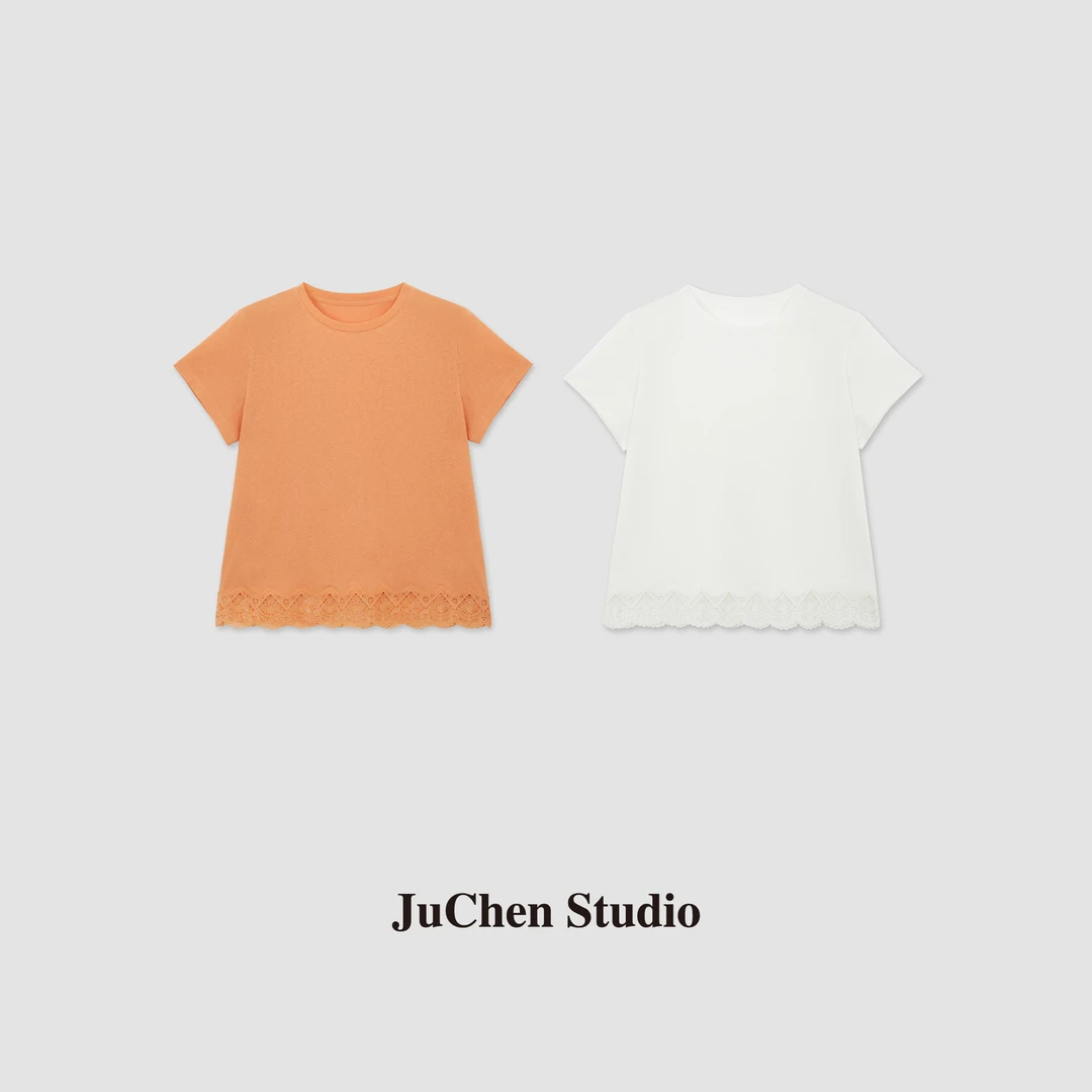 LIBOSHUM1U系少女 蕾丝下摆花边强捻干爽棉感圆领短袖T恤SS023752