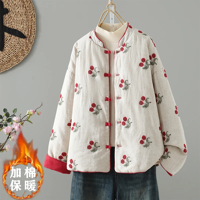 小樱桃刺绣两面穿棉衣亚麻刺绣棉服中式加厚棉衣保暖外套女冬新款