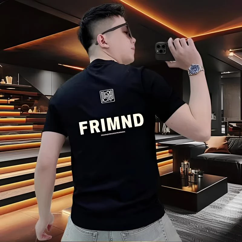 2025夏季新款时尚字母印花短袖男士潮牌百搭高街休闲修身圆领T恤