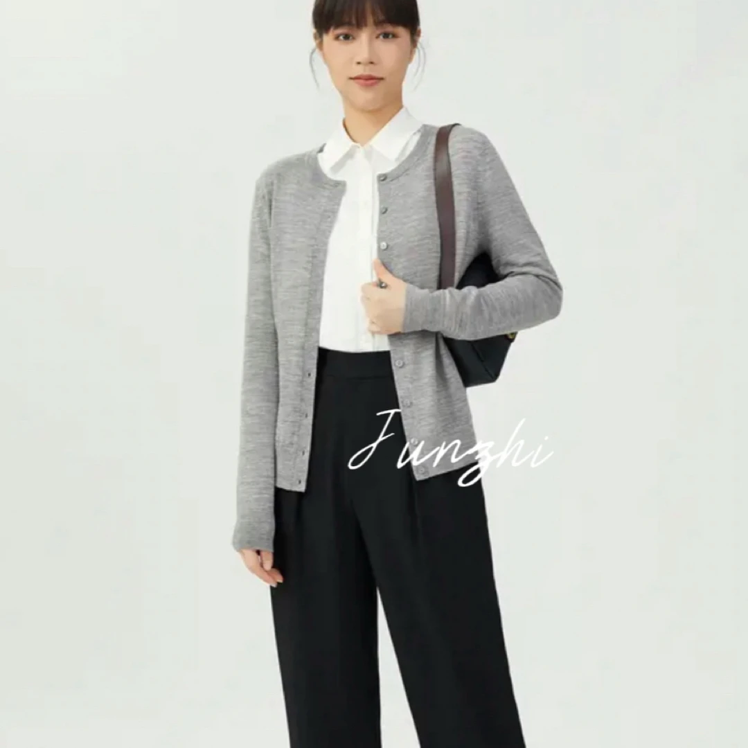 【君之】“经典”100%精纺美利奴羊毛开衫圆领女打底外穿秋冬