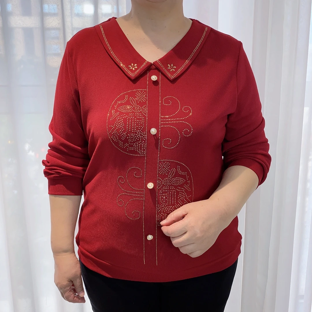 时尚气质针织薄款翻领纽扣中老年大码妈妈装洋气宽松长袖小衫5820