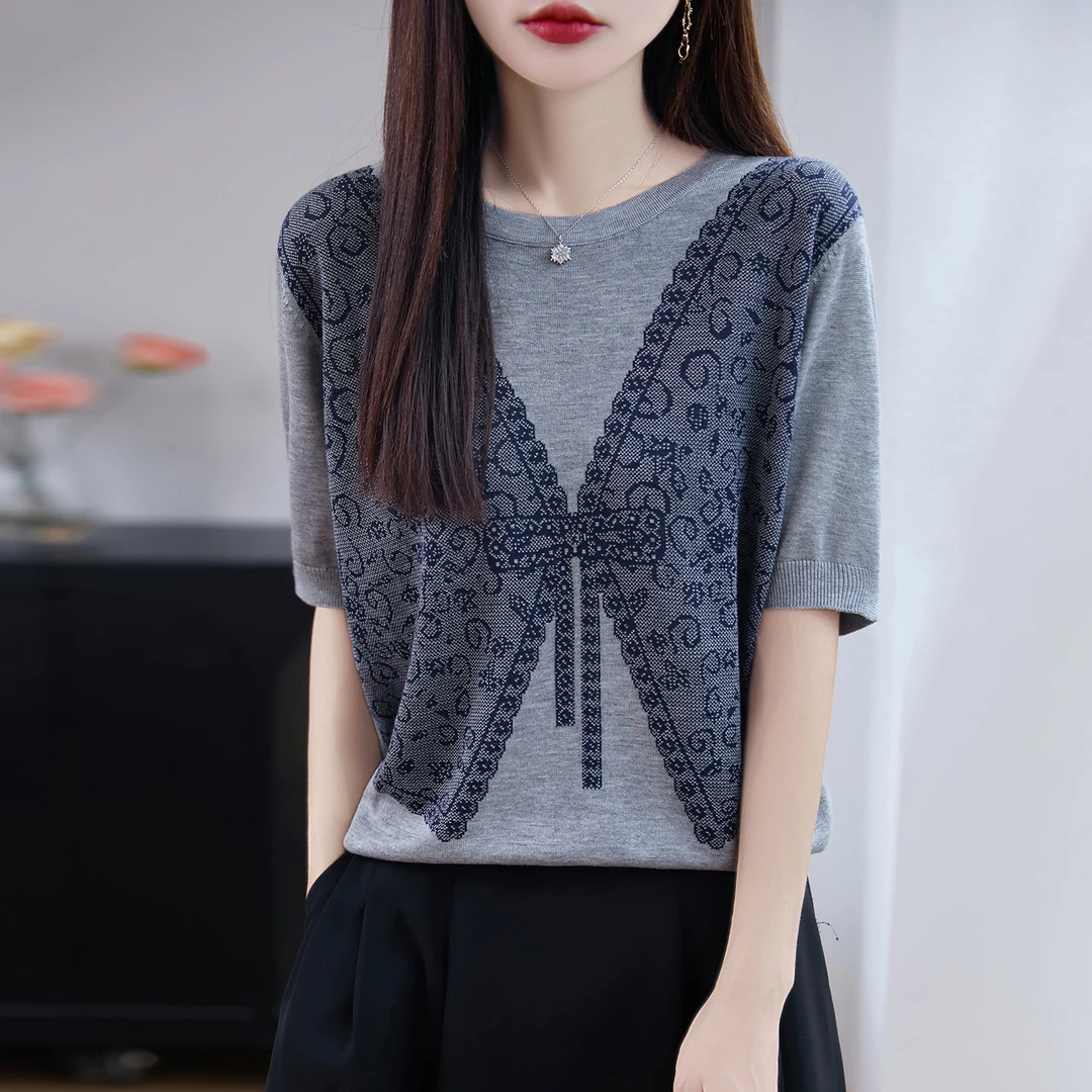 哥弟阿玛施正品夏季新款天丝设计感时尚印花短袖针织T恤百搭小衫