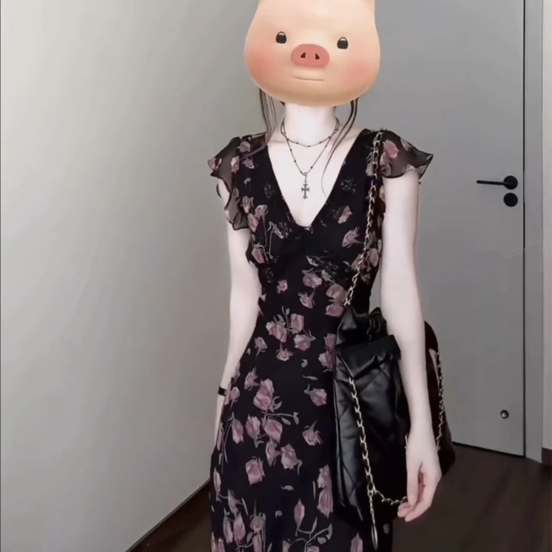 大码暗夜玫瑰玫瑰花法式蕾丝拼接优雅v领显瘦短袖雪纺连衣裙