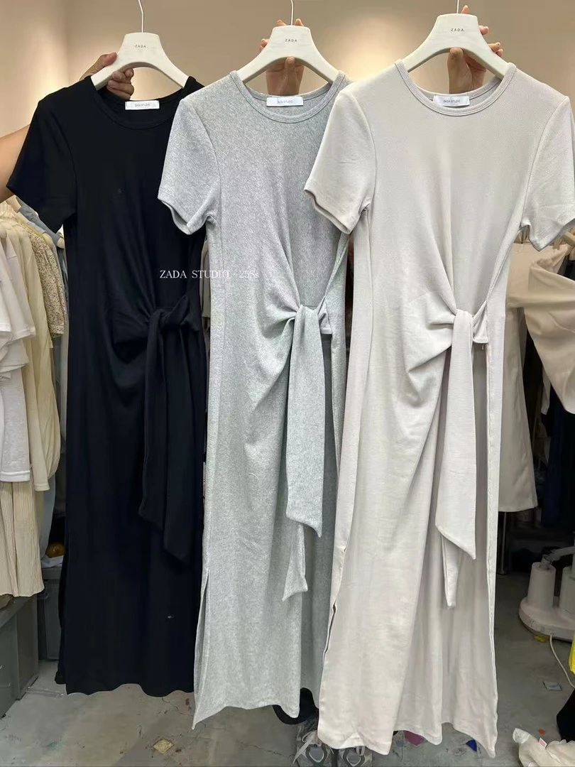 zada@6359 韩系极简休闲圆领绑带收腰连衣裙 6-18