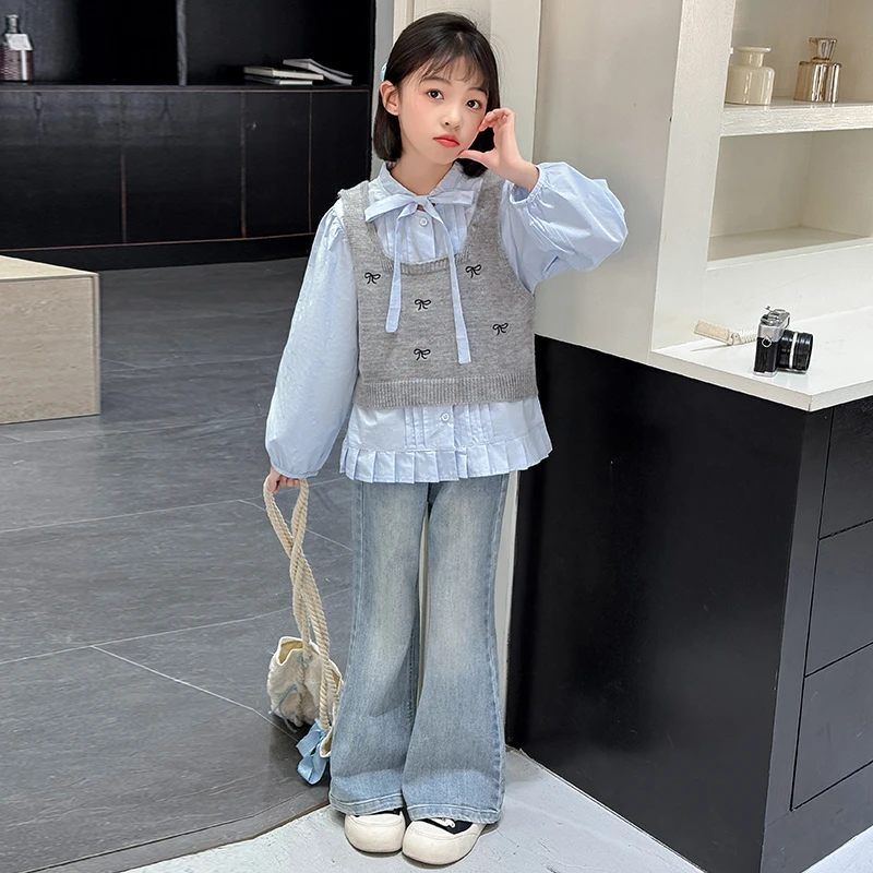 女童甜美马甲衬衫套装洋气新款儿童休闲6-12岁15中女童春秋套装