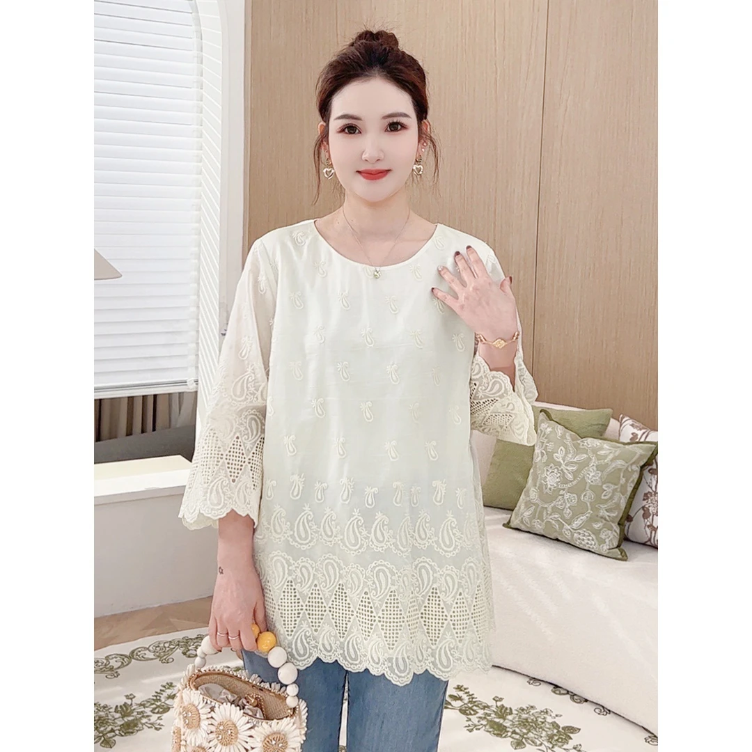 【重工镂空洋气小衫】MsShe大码女装2025新款刺绣七分袖S~E2503068