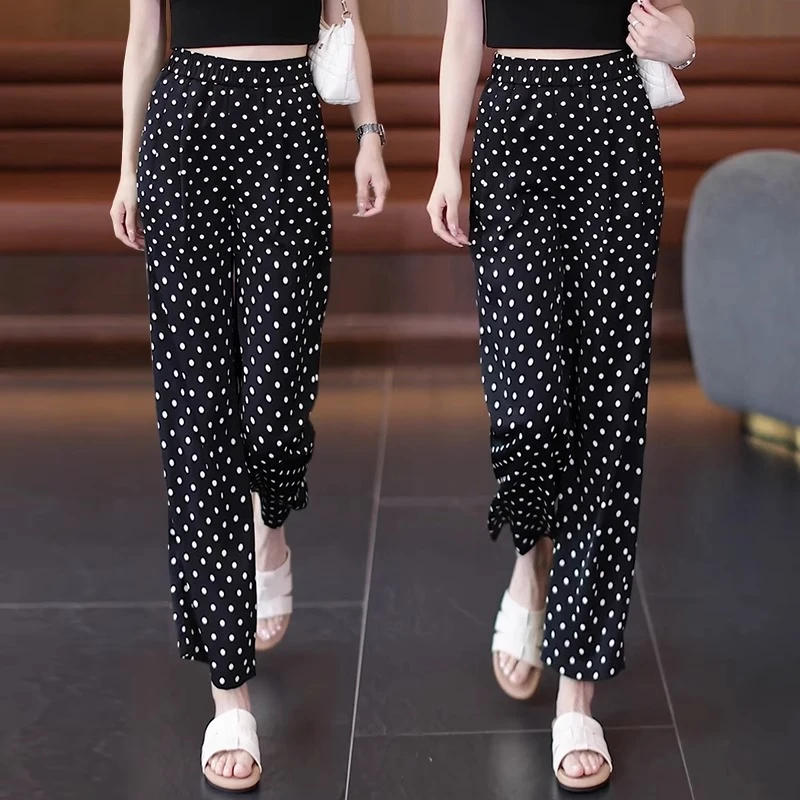 波点冰丝阔腿裤女夏季薄款2025新款小个子高腰宽松休闲九分直筒裤