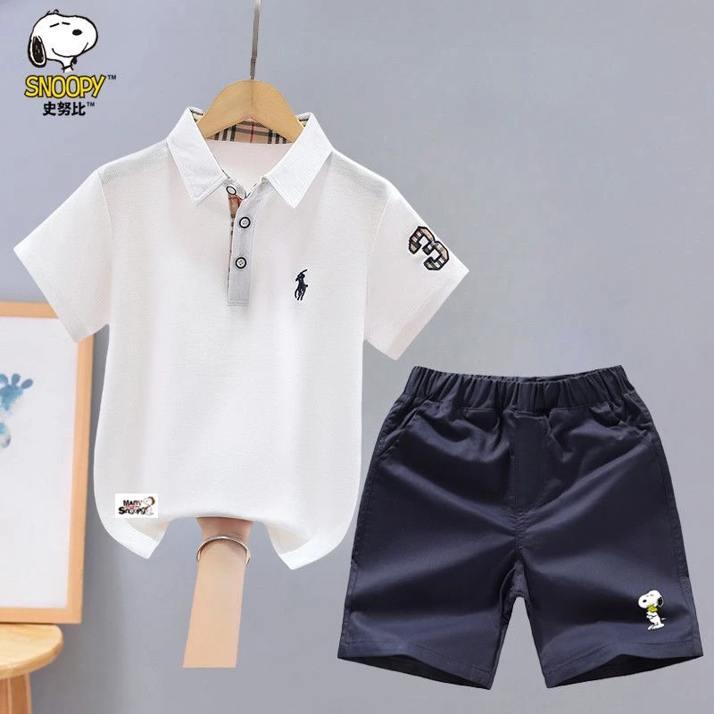 史努比男童短袖套装夏装2025新款洋气中大童男孩翻领polo衫两件套