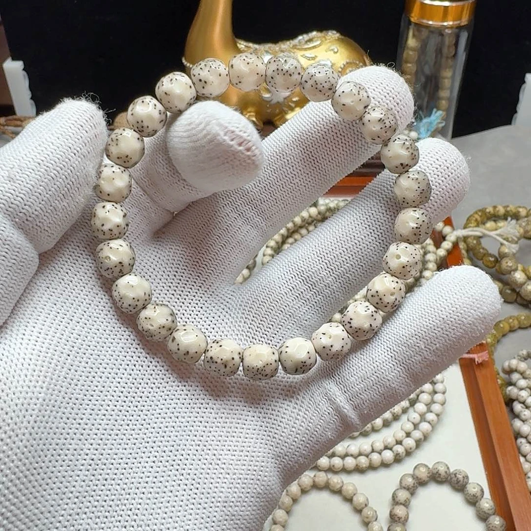 手串星月菩提石玉料8.7无相单圈瓷白玉化料月留白小细星