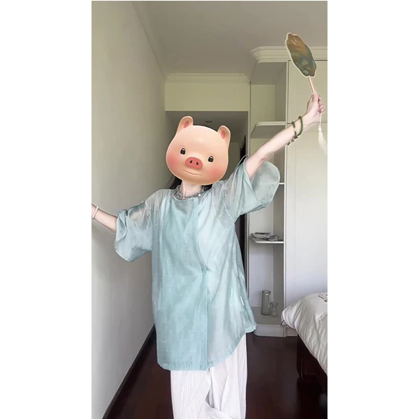 2094汉元素圆领衫国风上衣夏季宽松凉快裤子慵懒套装