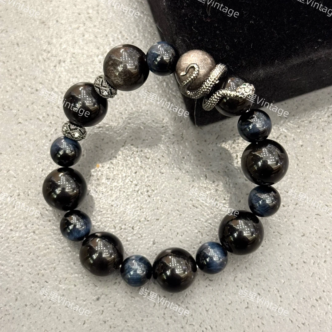 天然银曜石蓝虎眼 炫光时尚小众设计蛇年手串百搭 男女可戴情侣