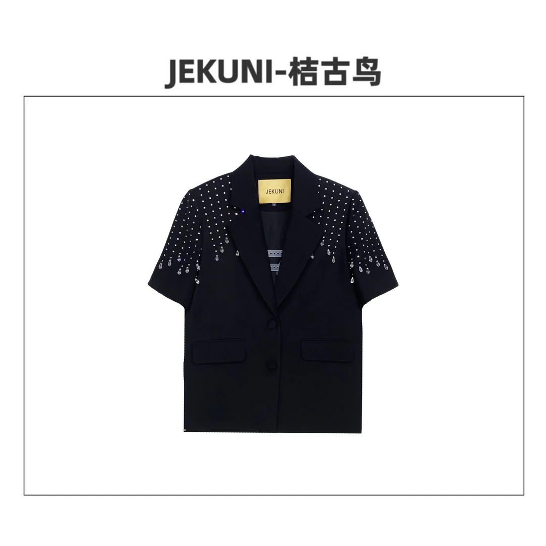 JEKUNI/桔古鸟【清冷女王】黑色烫钻泪珠设计师西服气质西装女