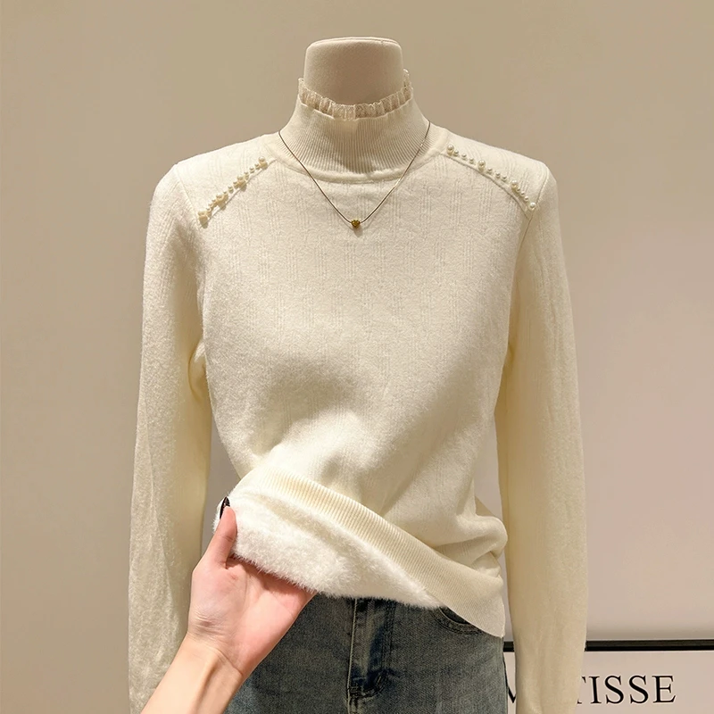 法式蕾丝边钉珠装饰立领加厚一体绒保暖毛衣针织衫女冬季内搭上衣