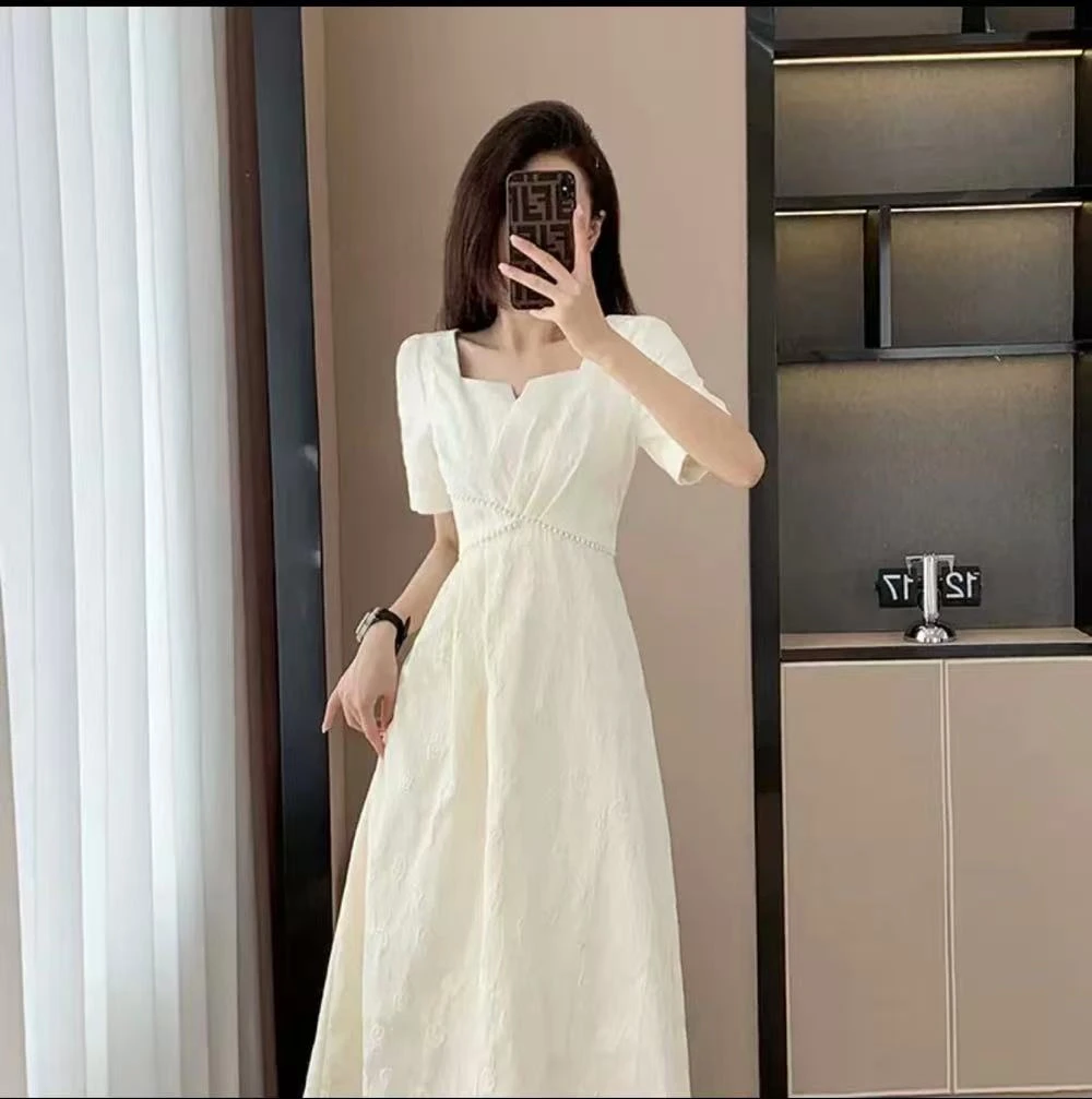 提花立体装饰百搭钉珠大码连衣裙法式泡泡袖夏季