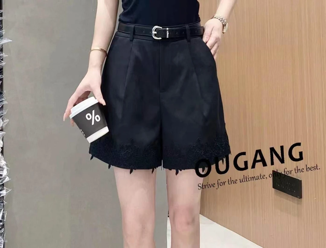 【娟子】夏季纯色A版拼蕾丝花边高腰气质短裤