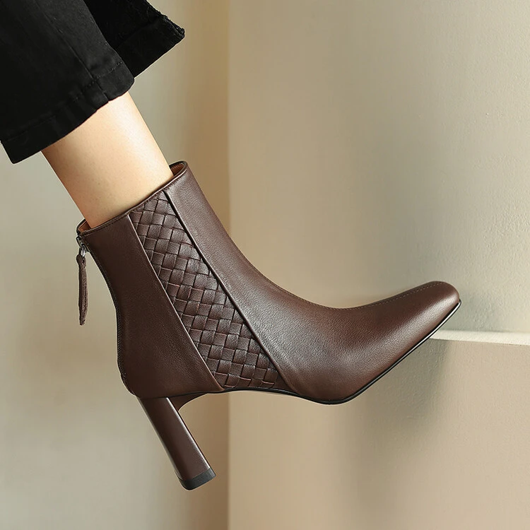 法式复古棕色高跟短靴女2025秋冬新款粗跟方头马丁靴真皮编织单靴