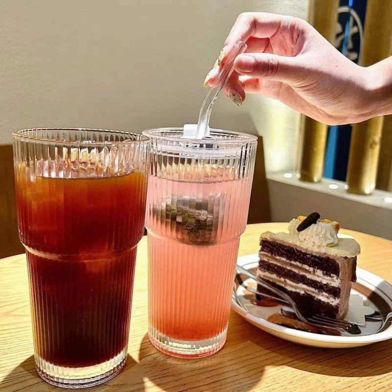 大容量玻璃杯高颜值冷饮杯果汁咖啡杯带盖带吸管竖条纹水杯ins风