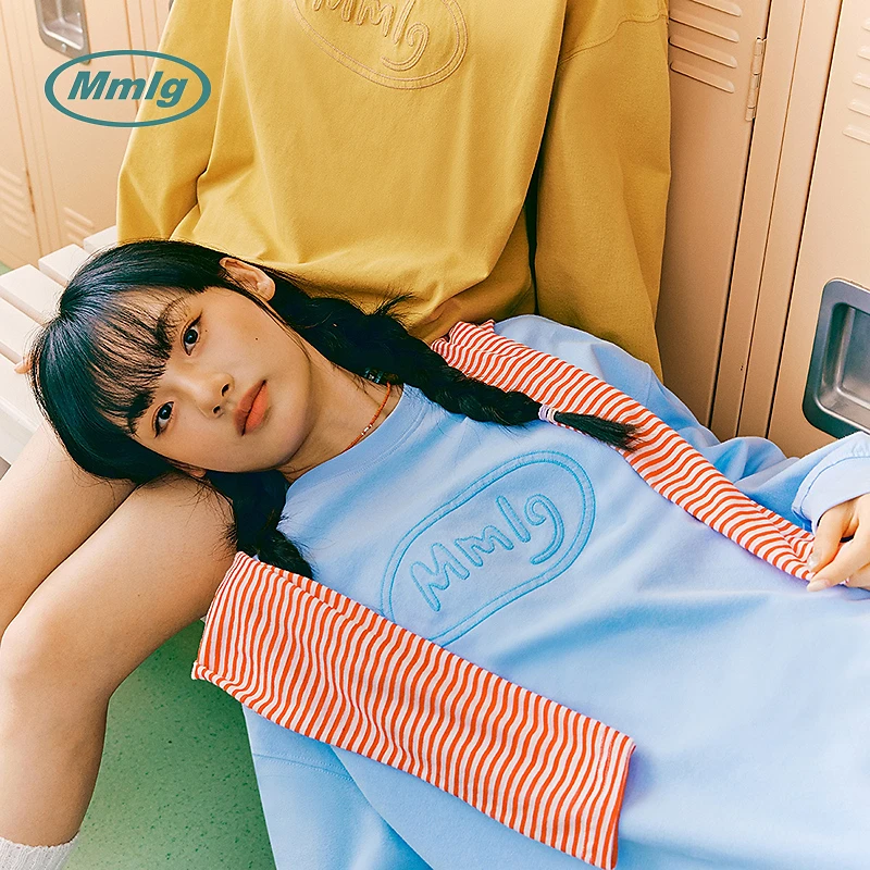 Mmlg2025秋季纯棉圆领长袖T恤贴布绣logo男女同款韩里韩气FQT142