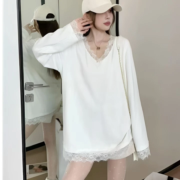 蕾丝花边拼接V领长袖打底衫T恤女秋冬季新款宽松慵懒休闲磨毛上衣