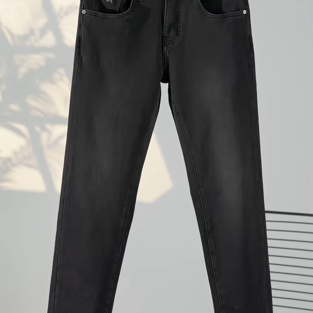 秋冬黑灰色加厚牛仔裤男弹力修身小直筒水洗时尚百搭中腰长裤