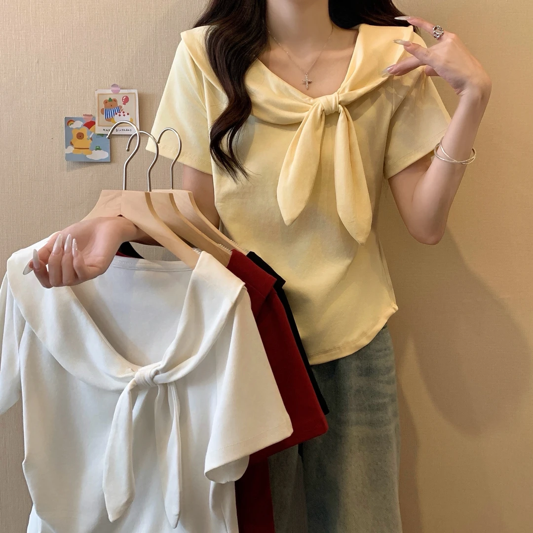 2025年大码女装新款设计感海军领蝴蝶结短袖T恤3305
