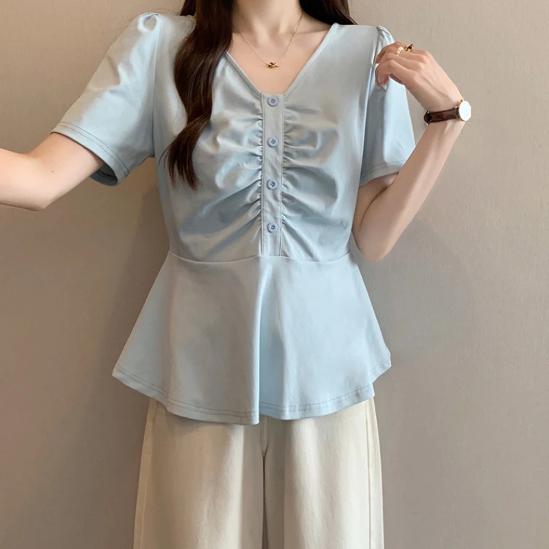 浅蓝色V领正肩短袖T恤女2025夏季新款大码胖mm超好看漂亮蓬蓬上衣