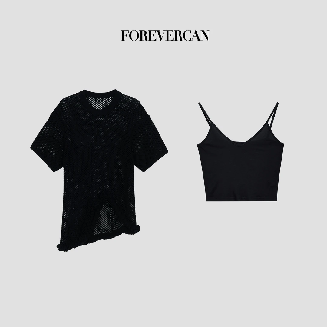 FOREVERCAN“夜莺玫瑰”不规则衣摆立体花朵镂空编织短袖上衣MY4702