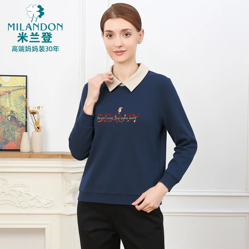 MILANDON/米兰登秋季休闲翻领卫衣时尚亮片绣花女长袖T恤1N4T2004
